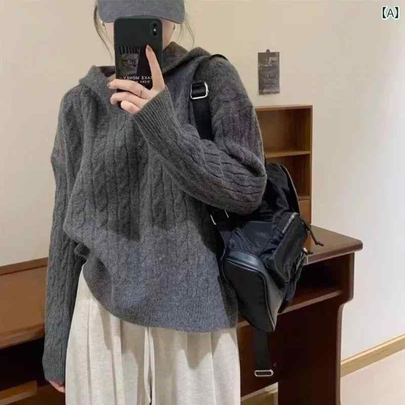 レディース 秋冬 フード付き ツイストニット セーター ゆったり リラックススタイル 高級感 柔らか素材 インナー トップス ニット