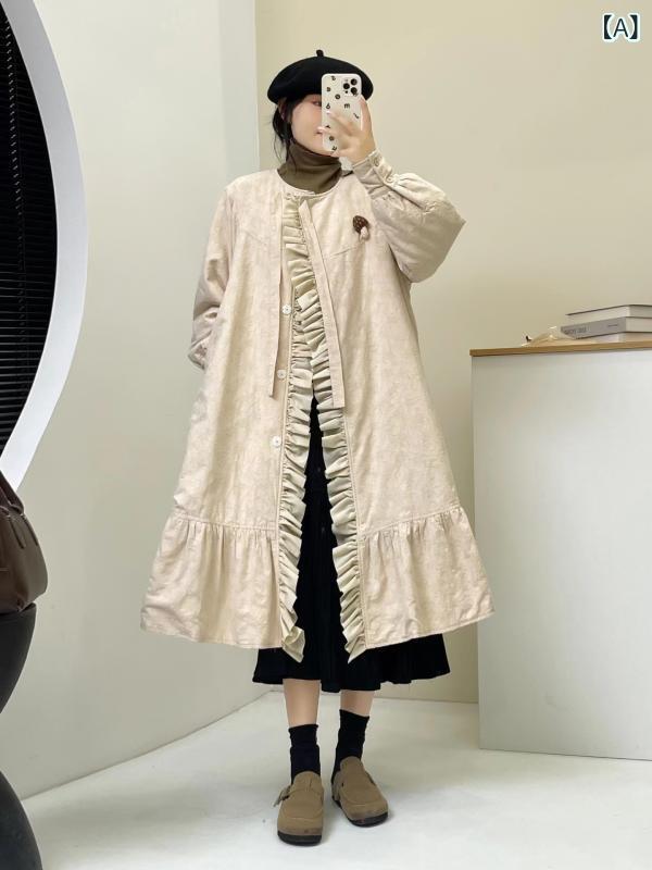 コート レディース 冬用 綿入れ 風 森ガール 提花 柄 中長丈 裾 フリル かわいい ナチュラル スタイル 暖か 軽量 防寒 日常使い