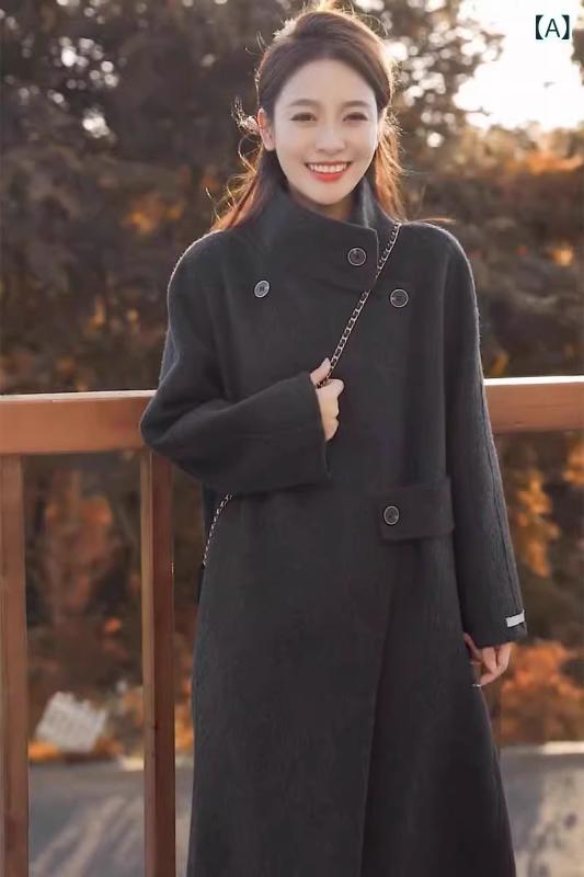 コート レディース 韓国風 爽やか ダブルフェイス カシミア 膝下丈 スタンドカラー ロング丈 ゆったり 毛織 アウター 秋冬 暖か 通勤用 日常使い 軽量 ソフト ベージュ系 グレー系|新風堂
