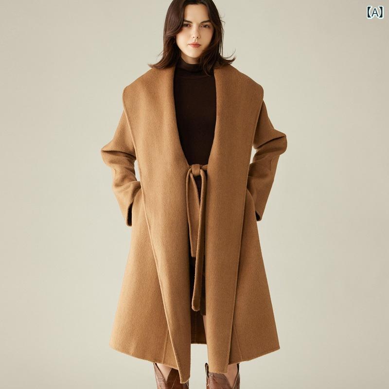 レディース 秋冬 ロング厚地の外套 絨毛 絨毛 アウター キャメルカラー ダブル人間の顔 ラペル色合い 膝掛け 生あたたかい 防寒 御膳上等感 軽さ 伸縮性 コート・ジャケット-レディースファッション