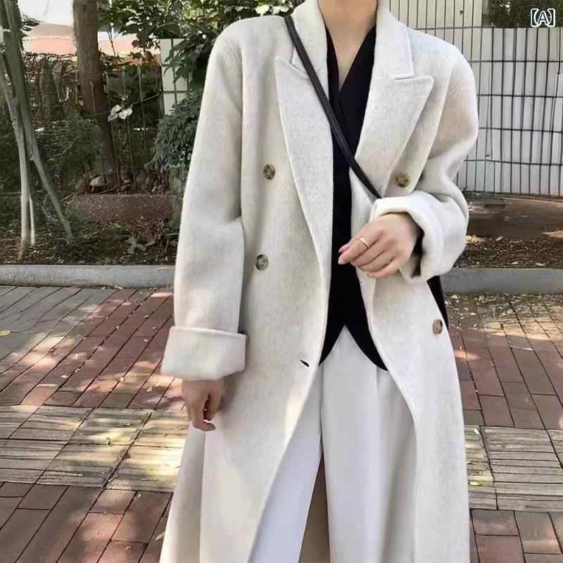 コート レディース ロング丈 ダブルブレスト 両面羊毛 ゆったりシルエット 秋冬 ウール素材 暖か アウター ツイード 風合い 高級感