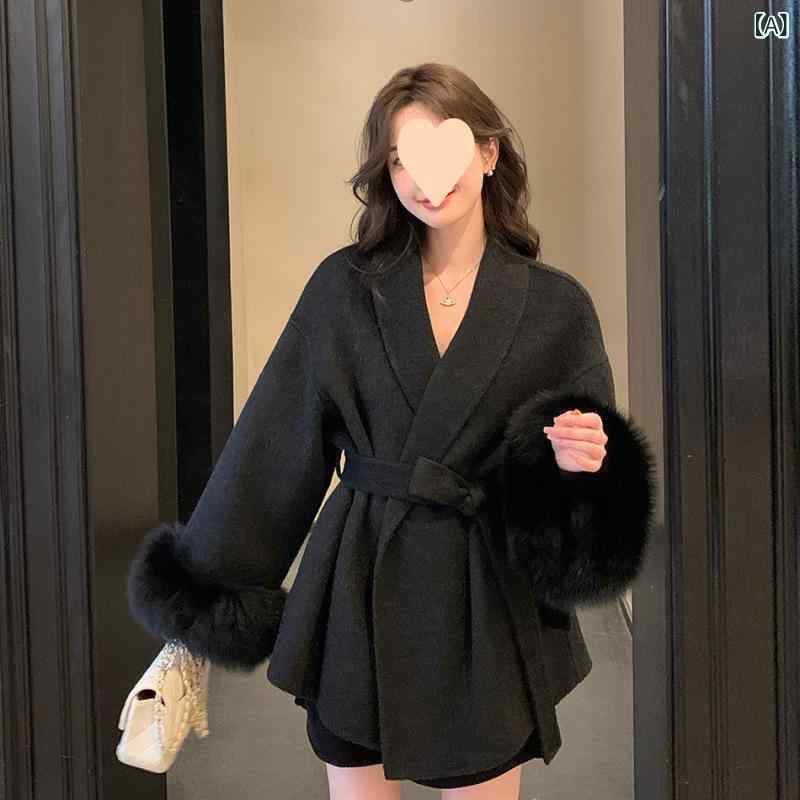厚地の外套 レディース 秋冬 中長丈 双面起毛 羊毛 生あたたかい フェイクファー風 流行り 小っちゃい相応う 第一義的 ホンブルグ帽 軽さ アウトドア 普段使い
