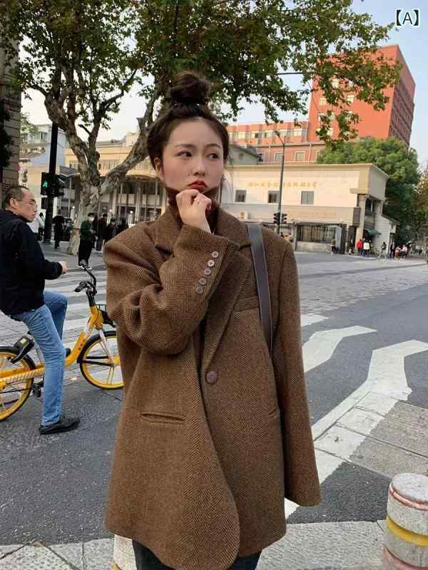 女性用 秋冬 テーラードコート 厚手 ウール混 ツイード ゆったり 高級感 暖か アウター ミドル丈 スタイリッシュ