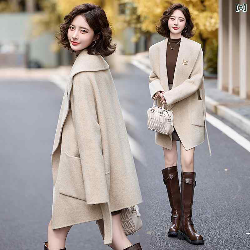 厚地の外套 成人女性用 中長丈 両面絨毛 秋冬 韓国風 収腰 毛織 アウター 生あたたかい 保温性 軽さ 今めかしい 羊毛原材料 ロング丈 女子らしい 表現スタイル