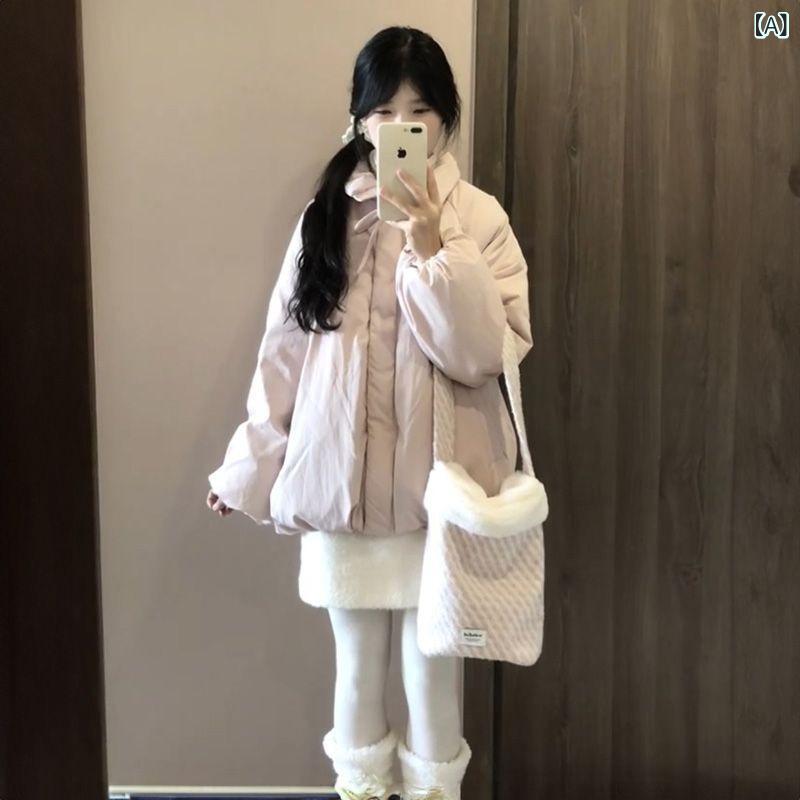 コート レディース 冬 ピンク 立ち襟 蝶結 ゆったり 厚手 綿素材 かわいい 風 小柄対応 ルーズフィット アウター 暖か スタイリッシュ 普段使い