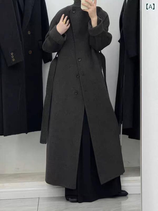 ウール カシミア 二面 リバーシブル ロングコート スタンドカラー ウエストシェイプ アウター 暖か 軽量 再生繊維 秋冬 普段使い 通勤用