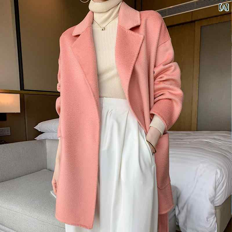 コート レディース 秋冬 小柄 中長丈 ゆったり ローブ風 双面 カシミヤ ウール 混紡 水波紋 ウェーブ柄 暖か 軽量 柔らか 素材 防寒