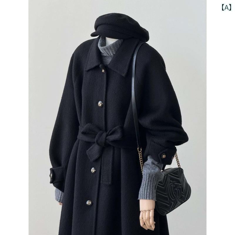 コート レディース ウール ブラック シンプル 秋冬 高級感 韓国風 上品 ロング丈 アウター 暖か 通勤用 普段使い スタイリッシュ