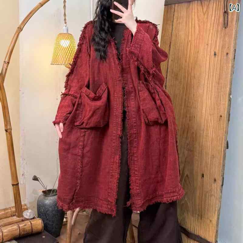 レディース 厚地の外套 リネン ロング丈 春夏 レトロ ヴィンテージ 美術風 うつり変わり フリンジ 大型衣嚢 軽さ 通い 普段使い走り 麻原料品 ビッグ影ぼうし