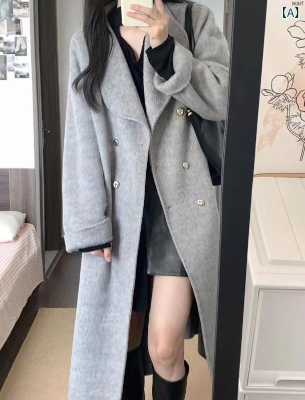 レディース 秋冬 カシミヤ ウール コート 小柄対応 厚手 スタンドカラー ルーズフィット ロング丈 グレー 高級感 暖か アウター|新風堂