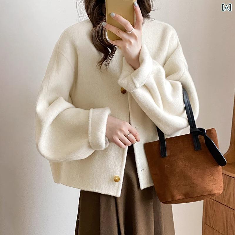 コート レディース ビッグスリーブ Aライン 高級感 ダブルフェイス カシミア ショート丈 小柄対応 厚手 暖か 秋冬 アウター ウール素材 ゆったりシルエット 保温性