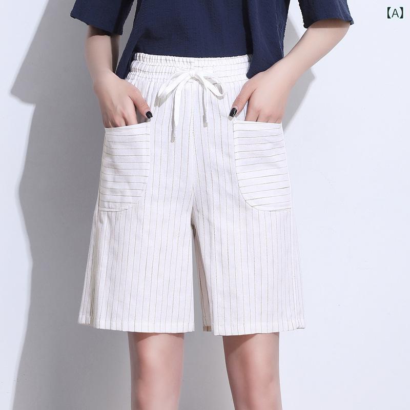 ハーフパンツ レディース 夏 ゆったり 綿麻 ストレート 縞柄 ルーズフィット カジュアル 普段使い 吸湿速乾 軽量 膝上丈