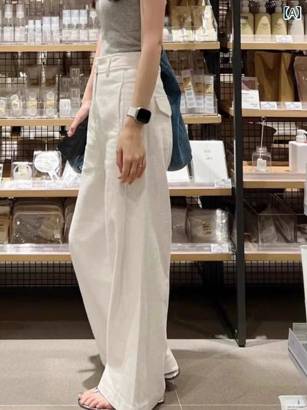 レディース ワイドパンツ 高腰 綿麻素材 春夏用 ゆったりシルエット スリム効果 ドレープ感 高級感 小柄対応 ストレートレッグ カジュアル 普段使い 軽量 吸湿速乾 ホワイト