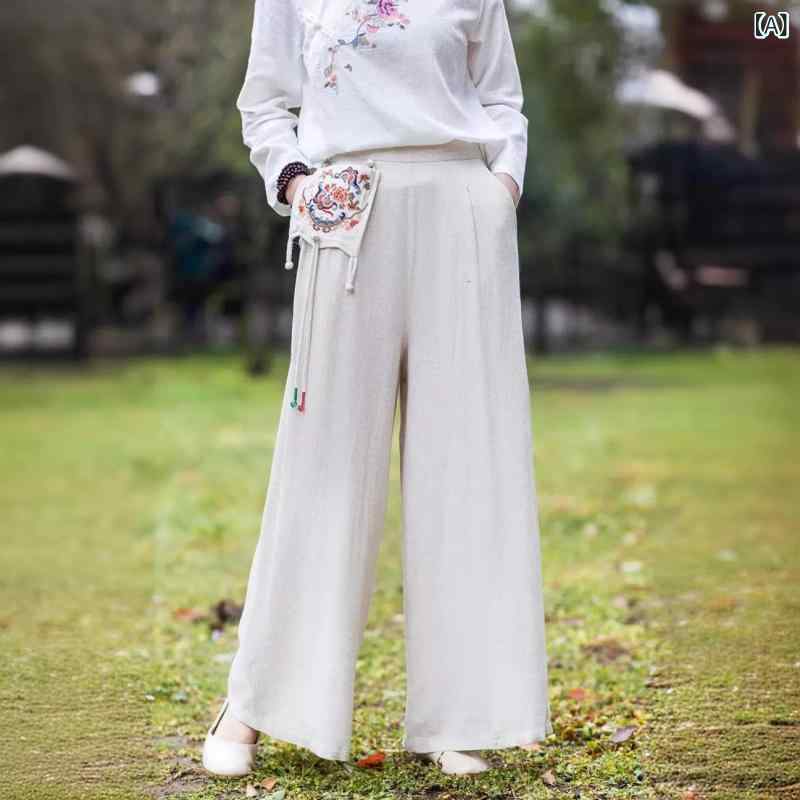 レディース ロングパンツ 麻素材 単色 春 刺繍 フリンジ 装飾 シンプル デザイン 通気性 軽量 カジュアル 普段使い 伸縮性 吸湿速乾