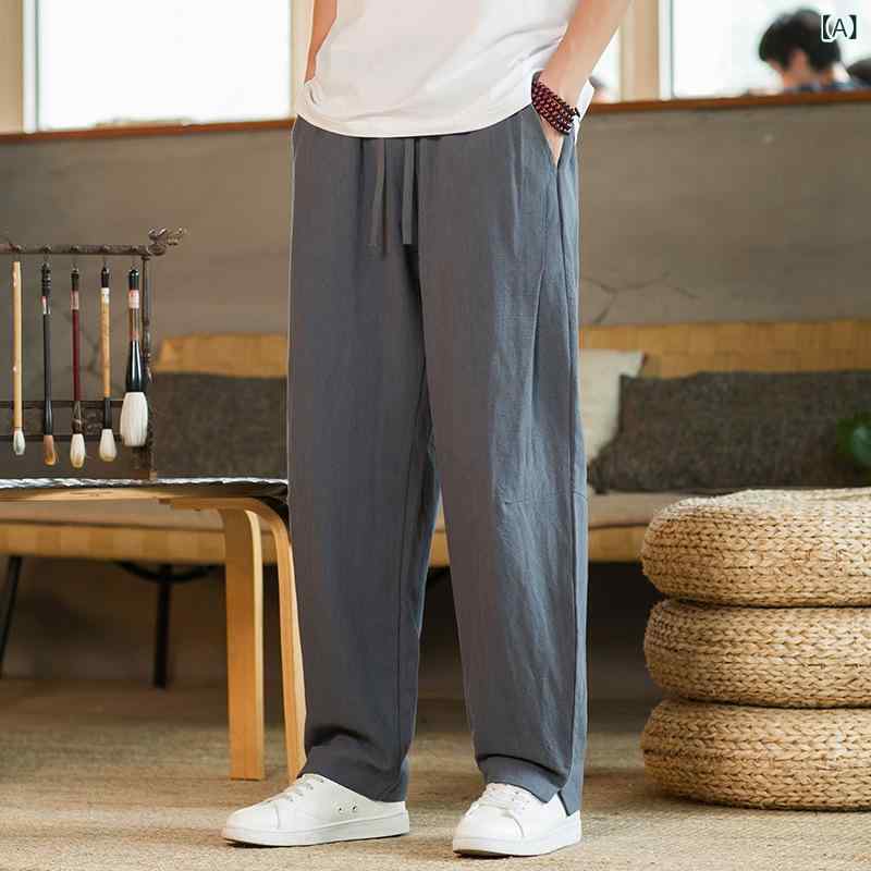 ロングパンツ 中国風 綿麻 ゆったり 大サイズ ハーレム ゴムウエスト 春秋 カジュアル 普段使い ルーズフィット 通気性 麻素材 伸縮性