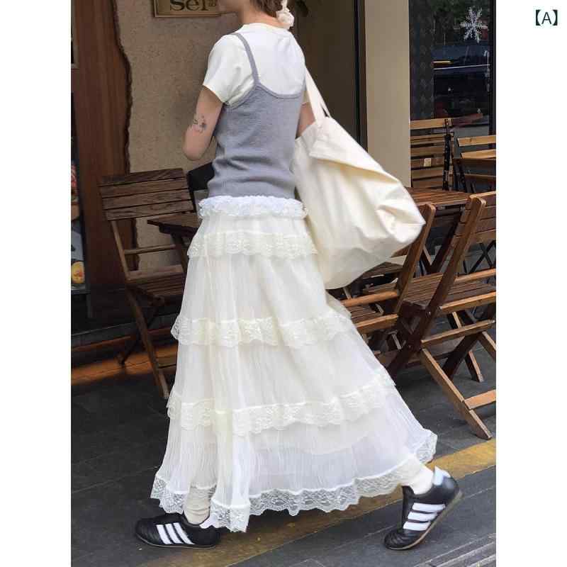 スカート レディース バレエ風 プリーツ チュール レース ハイウエスト 細見え ふんわり ロング 春夏 軽量 透け感 フェミニン ボリューム ガーリー ロマンティック