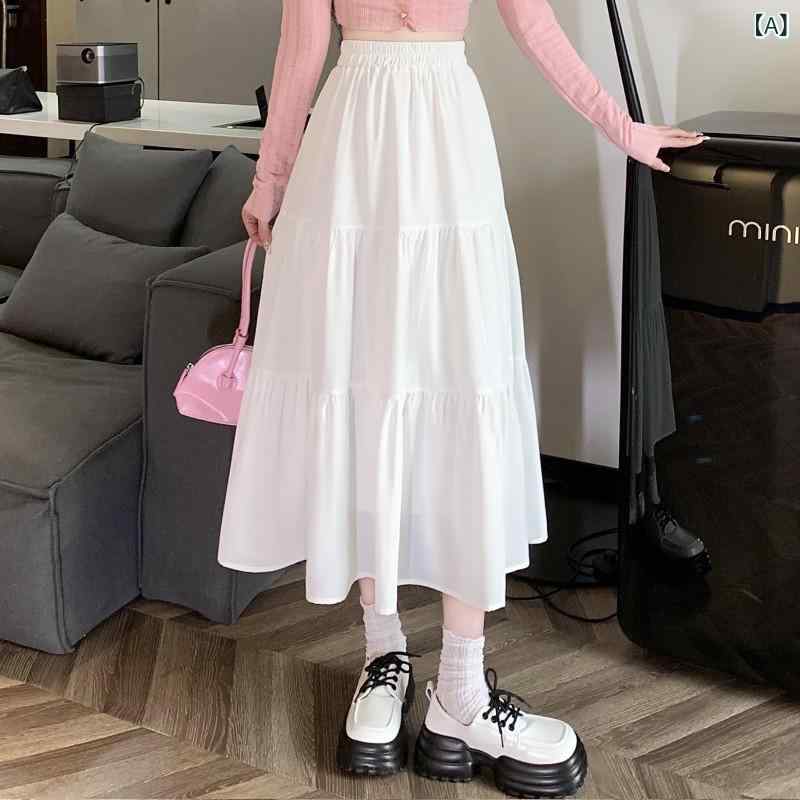 スカート 女性用 白 シフォン プリーツ フレア Aライン 中長丈 春夏 軽やか 揺れる ボリューム シルエット フェミニン かわいい 普段使い 通勤 デート 透け感