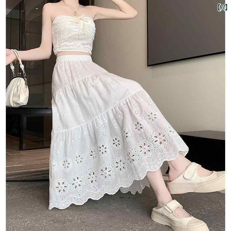 スカート レディース 夏 白 刺繍 レース 透け ハイウエスト スリム ロング 小柄対応 ふんわり チュール 軽量 普段使い