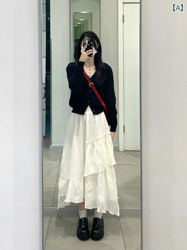 ロングスカート レディース 森ガール風 仙女 ホワイト フリルエッジ ハイウエスト 秋 個性デザイン 質感 ケーキシルエット 軽やか ナチュラルスタイル