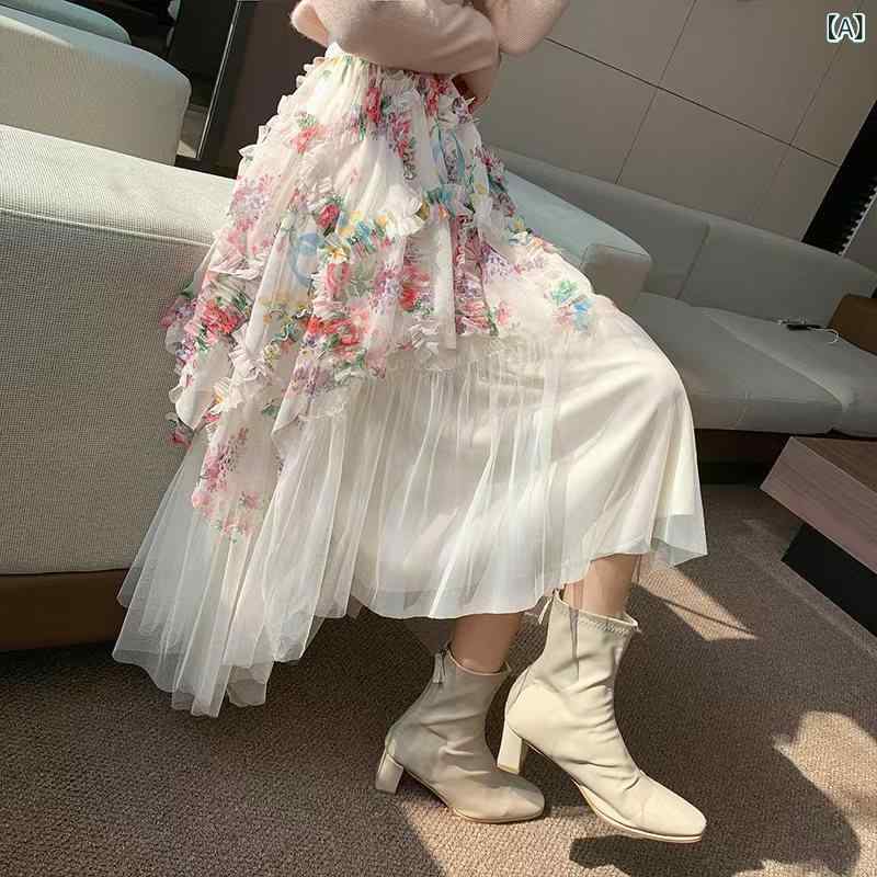 スカート レディース 秋 花柄 アシンメトリー チュール Aライン ロング 仙女風 ケーキスカート ミディ丈 ふわふわ 軽量 エレガント プリント 女性用 フェミニン ロマンティック