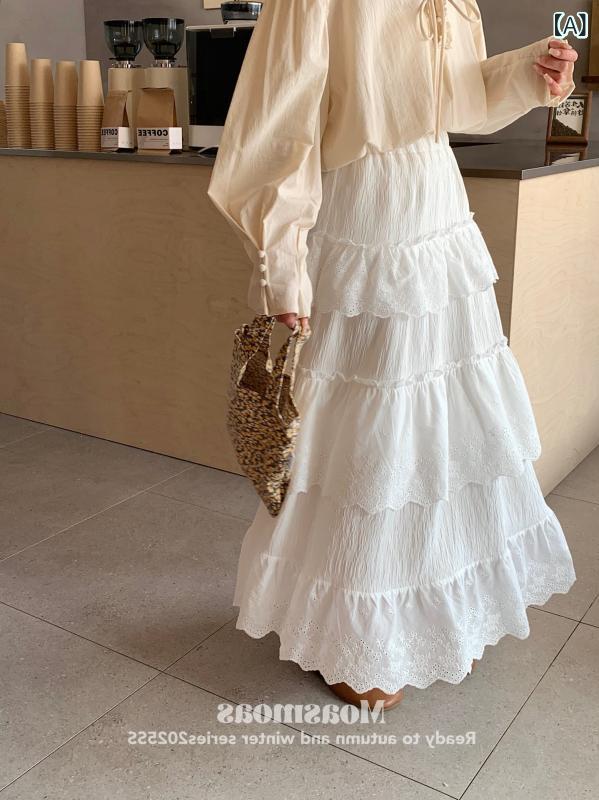 レディース 白 レイヤード ミドル丈 スカート 春夏 韓国風 ハイウエスト フレア スイート フェミニン 伸縮性 軽やか ナチュラル