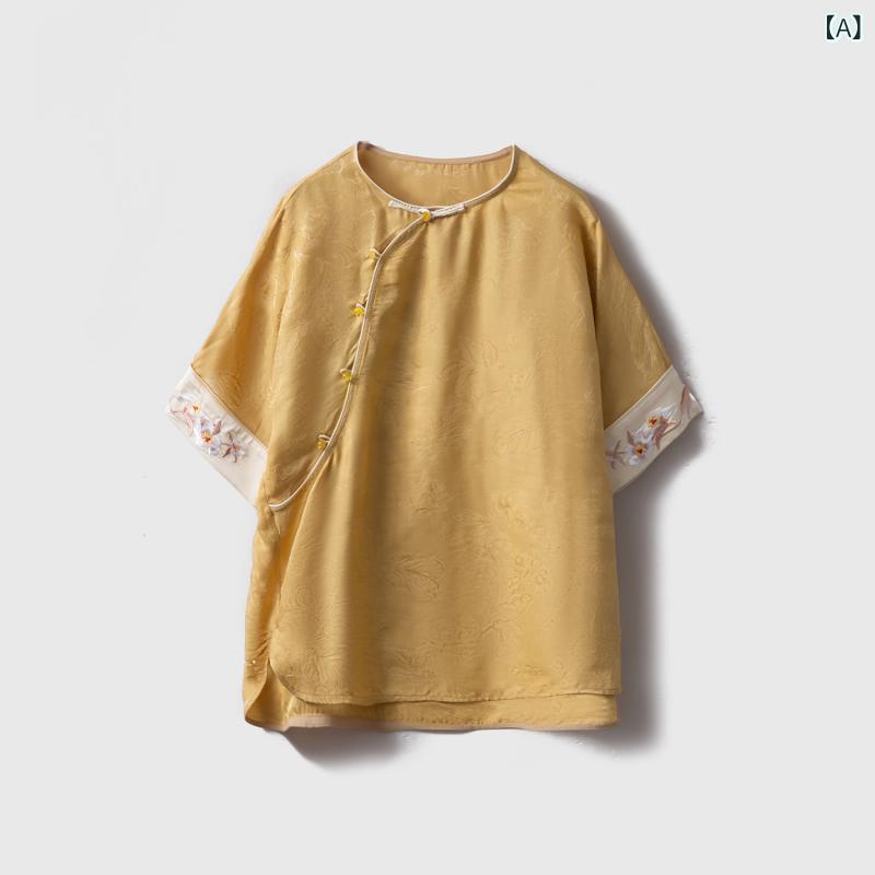 Tシャツ レディース シルク 花柄 丸首 斜め襟 七分袖 ゆったり チャイナ風 夏 日常使い カジュアル シルエット 素材 ソフトタッチ 通気性 吸湿性 軽量 上品|新風堂