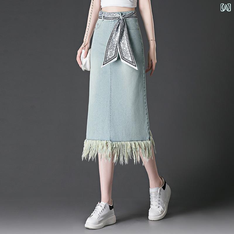 スカート レディース デニム ハイウエスト Aライン フリンジ ミディ丈 スリム ヒップハグ カジュアル ママ向け 夏 普段使い フェミニン ストレッチ