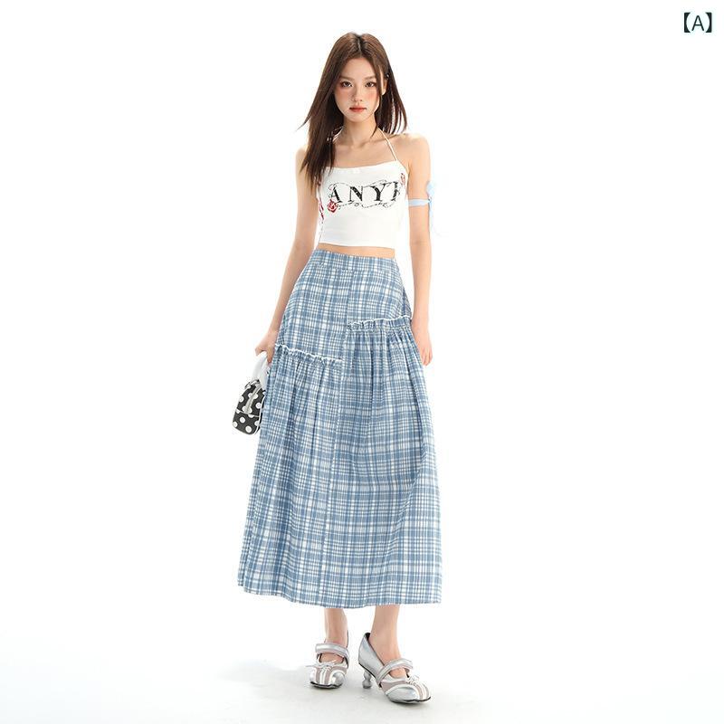スカート レディース 夏 フレンチスタイル ブルー 格子柄 高腰 Aライン ゆったり ミディ丈 かわいい フェミニン ソフト 軽やか コットン混 普段使い