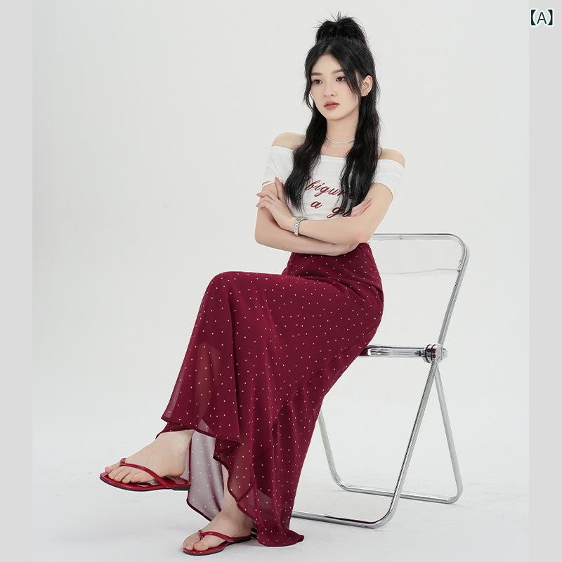 スカート フレンチ ポルカドット シフォン Aライン 包み ヒップハグ マーメイド ロング 優しい スタイル スリム カジュアル 軽やか 女性用 普段使い 膝下丈 ウエストゴム