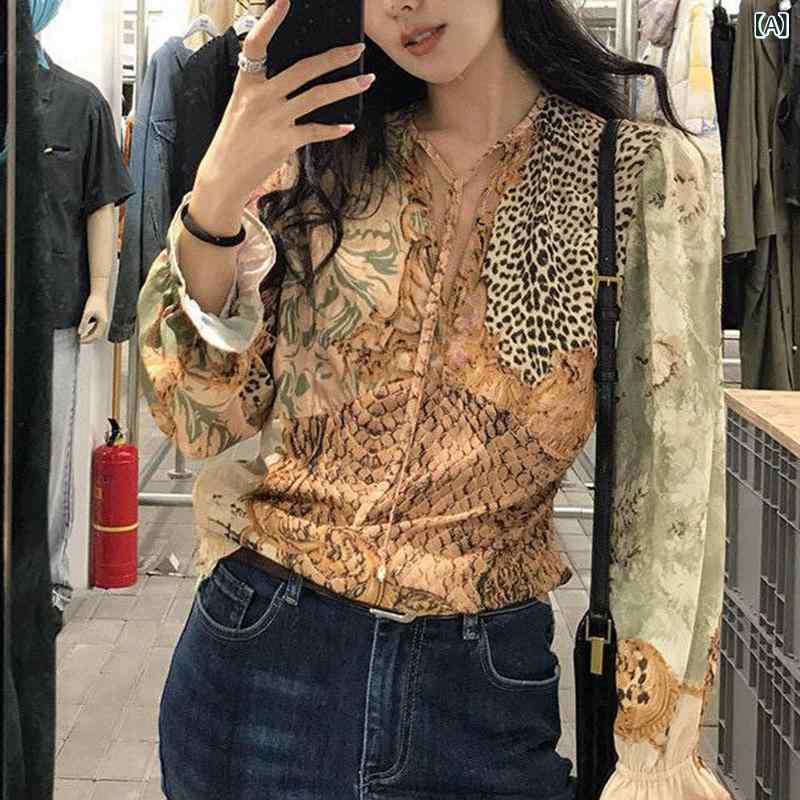 レディース シャツ ヒョウ柄 プリント フレンチスタイル 春秋 レトロ ゆったり 長袖 トップス スタイリッシュ 個性的 カジュアル コーディネートしやすい