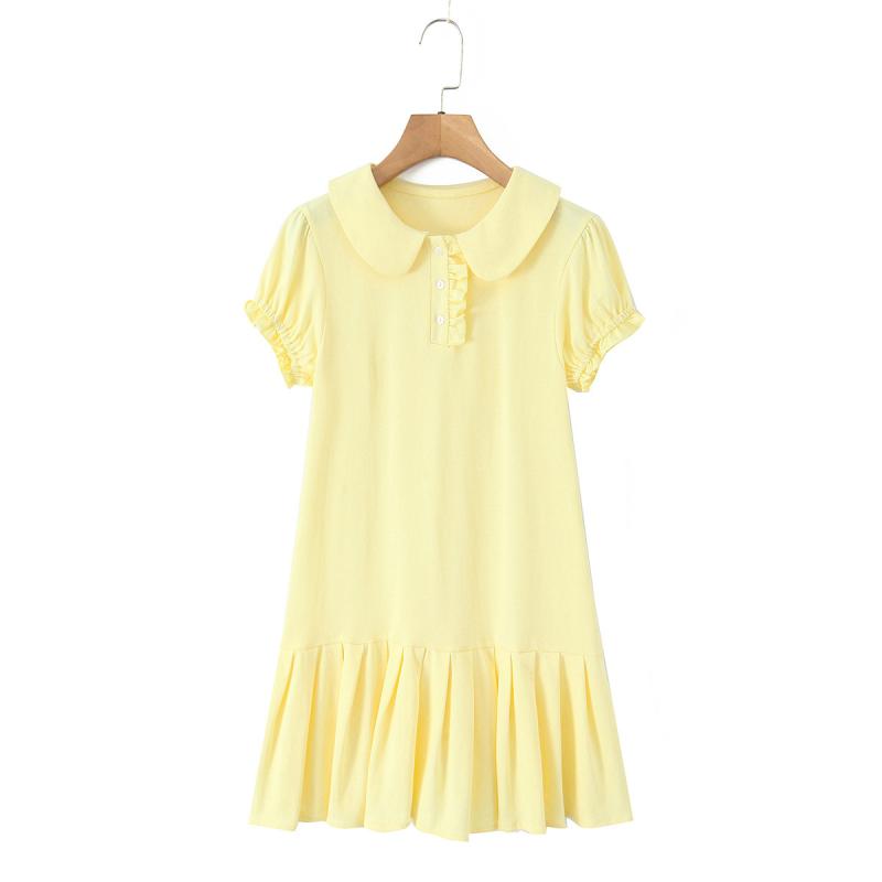 レディース 春夏 かわいい レトロ ミニワンピース 短袖 ドールカラー フリル ニット プリーツ スリムフィット 軽量 伸縮性 普段使い