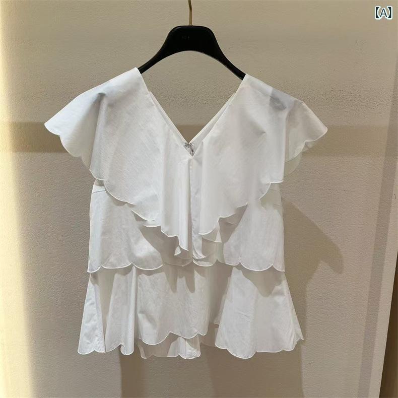 レディース シャツ 白 Vネック フリル 短袖 ゆったり 背中開き 夏 トップス ブラウス コーディネート 軽やか 綿混 ベーシック スタイル