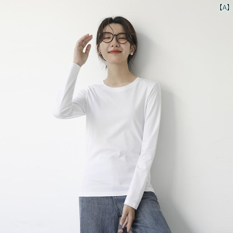 レディース 長袖 Tシャツ クルーネック 光沢コットン 100%コットン スリムフィット 春秋 シンプル インナー アウター トップス 普段使い 通勤用 伸縮性 吸湿速乾