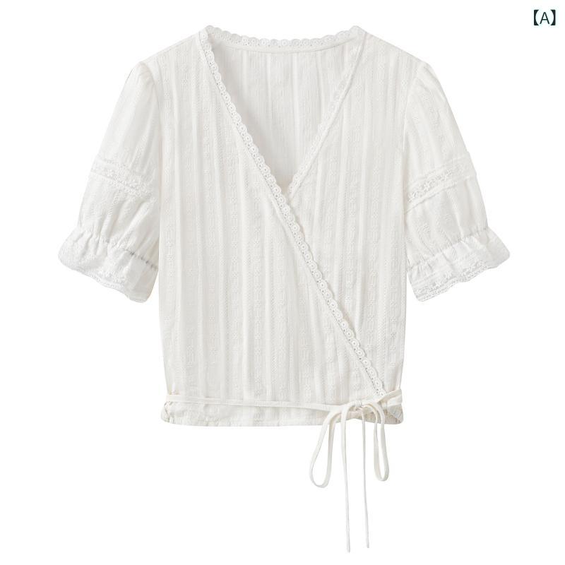 シャツ レディース 夏用 綿素材 Vネック レース 切り替え ショート丈 フレンチスタイル カジュアル トップス 軽量 通気性 良い 女性向け 日常使い