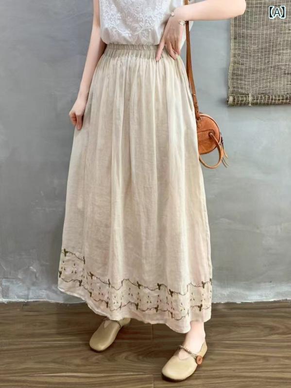 スカート レディース 夏 レトロ ラミー 刺繍 Aライン ゆったり 中長丈 ミディ 普段使い ナチュラル 軽量 吸湿 涼しい 麻素材 ビンテージ 女性用 膝丈 ワイド シルエット 通勤 コーデ
