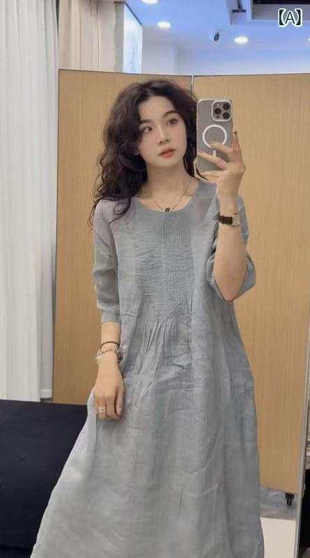 ワンピース レディース 夏用 ゆったり シルエット アコーディオン プリーツ ラウンドネック 七分袖 中長丈 ラミー 素材 軽量 通気性 韓国 おしゃれ スタイリッシュ 若見え 普段使い 涼しい トップス ドレス
