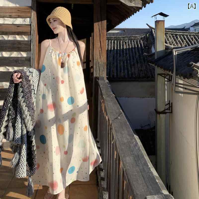 ワンピース レディース 夏 サマー ビーチ リゾート 水玉 ポルカドット カラフル マルチカラー ストラップ キャミソール Aライン 小柄 ペティート 軽量 涼感 ユニーク スタイリッシュ