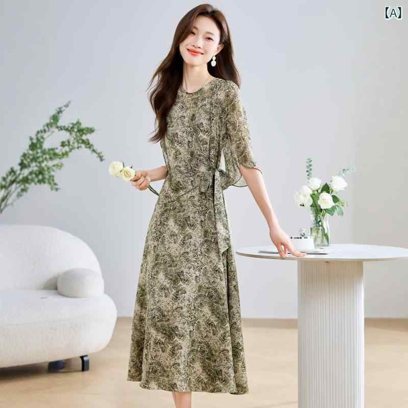 女性用 夏 ワンピース 小花柄 フレア 中袖 ウエストシェイプ 腹部カバー シフォン ミドル丈 軽量 涼しい フェミニン 花柄 膝下丈 ギャザー