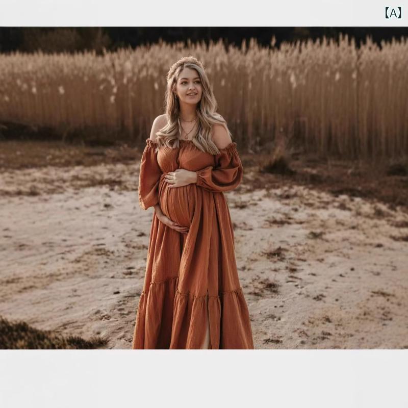 マタニティ ワンピース オフショルダー パフスリーブ サイドスリット ロング丈 ゆったりシルエット 伸縮性 コットン混 柔らかい素材 授乳対応 日常使い