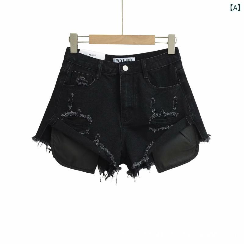 レディース デニム ホットパンツ 前短後長 ダメージ加工 春夏 欧米風 レトロ スリムフィット ストレッチ素材 カジュアル 普段使い アシンメトリー 女性用 ショーツ