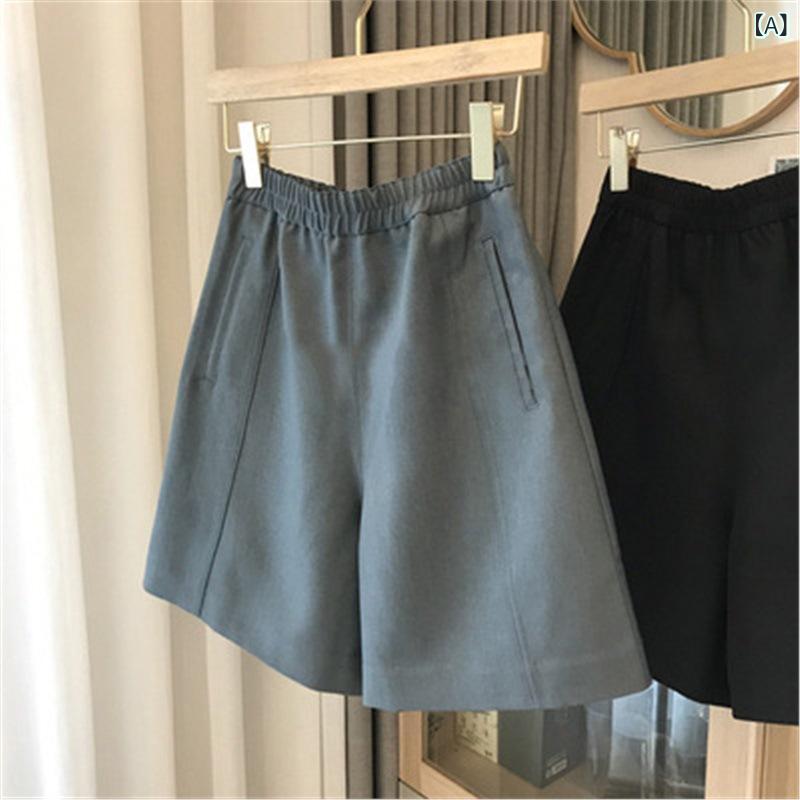 ショートパンツ レディース 黒 ワイドレッグ 夏用 薄手 スーツ風 ドレープ 膝上丈 軽量 伸縮性 通勤 普段使い コットン混 ハイウエスト ビッグシルエット ブラック