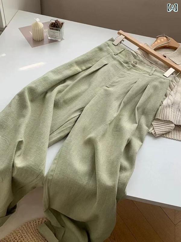 レディース ワイドパンツ ラミー素材 春夏 アボカドグリーン フィット 小柄対応 軽量 伸縮性 通勤 普段使い カジュアルスタイル ハイウエスト 淡緑系