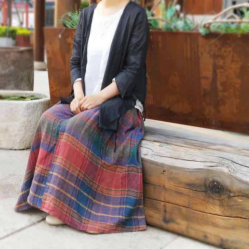 スカート レディース 麻 チェック柄 フレア 半身スカート 色織り ミディ丈 軽量 通気性 普段使い 切り替え
