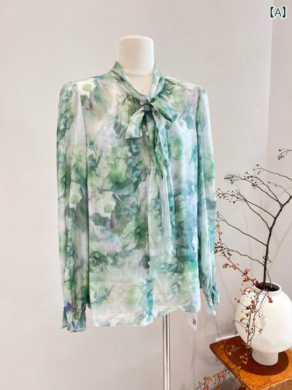 ブラウス レディース 長袖 UVカット 花柄 シースルー フレンチ リボン ピュアシルク 春夏 通気性 軽量 吸湿速乾 エレガント トップス シャツ 女性用 日常使い シルク素材 透け感 デザイン