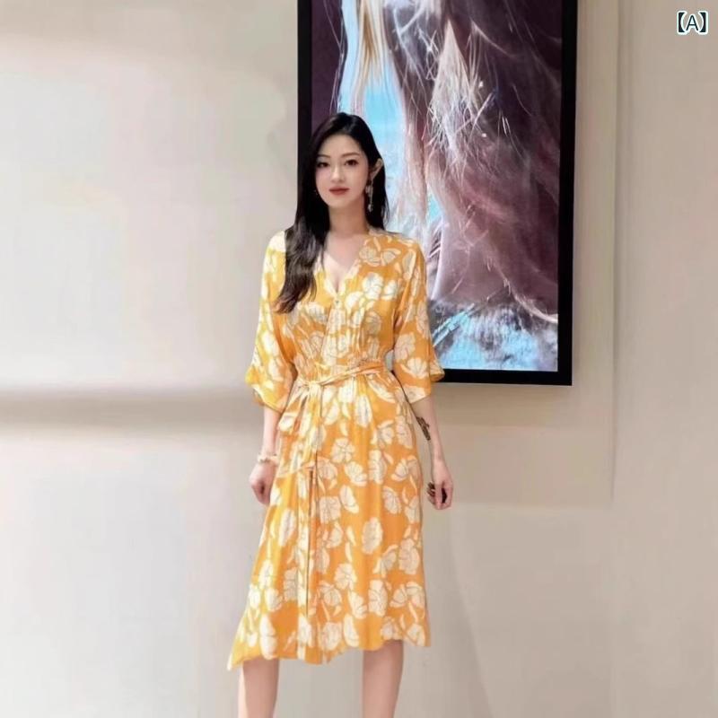 ワンピース レディース 夏 フレンチ ロングドレス リゾート風 蘭 花柄 プリント ウエスト紐 ボディフィット 軽やか スタイル|新風堂