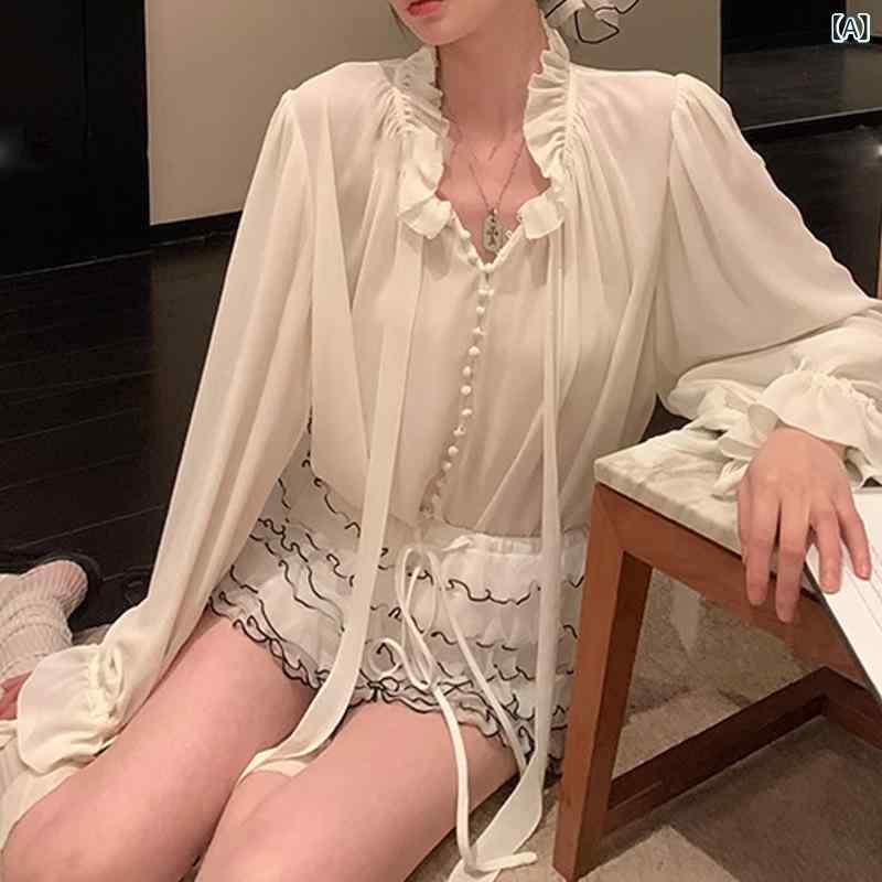 レディース 長袖 シフォントップ 帯付き添い人 軽さ 通気性 ひな型 特殊 表現スタイル 女子らしい トップス 普段使い走り 春夏 秋冬