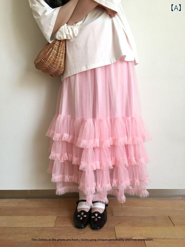 スカート レディース 白 レース ミディ丈 ガーリー フレア チュール 花辺 デザイン 軽量 かわいい 普段使い｜新風堂