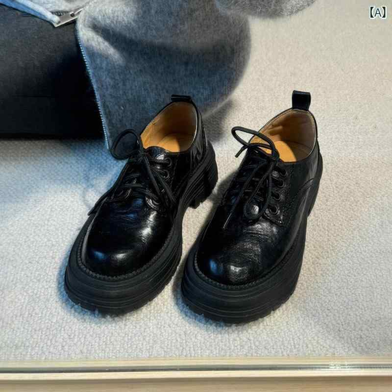 女性用 厚底ローファー 本革 羊革 紐付き ラウンドトゥ ヴィンテージ プレッピー 普段使い カジュアルシューズ チャンキーヒール 軽量 伸縮性