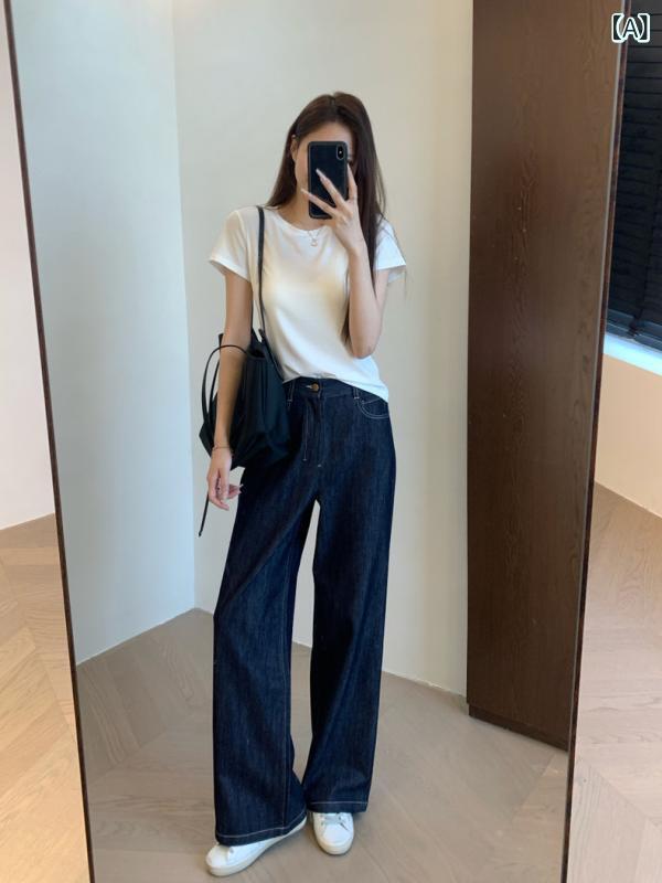 レディース デニムパンツ ハイウエスト ワイドレッグ ストレート ゆったり 細見え ブルー レトロ 脚長効果 脚型カバー カジュアル 普段使い ストレッチ デニム素材