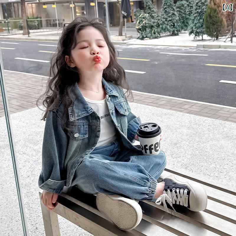 子供服 女の子 春 無地 デニム ワーク セット 二枚組 カジュアル 普段使い 伸縮性 軽量 遊び着